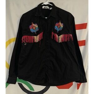 Vintage‎ KZK Western Shirt Womens Small Black Aztec Tassels Cowgirl 90s